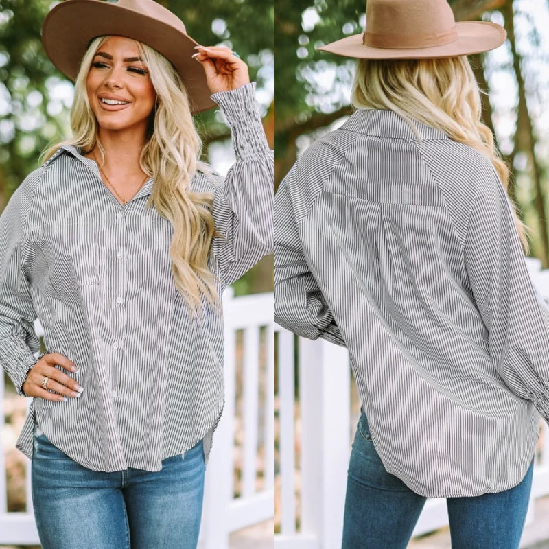 🌞Frühlingserwachen: 50% Rabatt!🌸Oversized Streifenhemd "Smock-Chic" – Luftiger Boyfriend-Style mit gesmokten Manschetten
