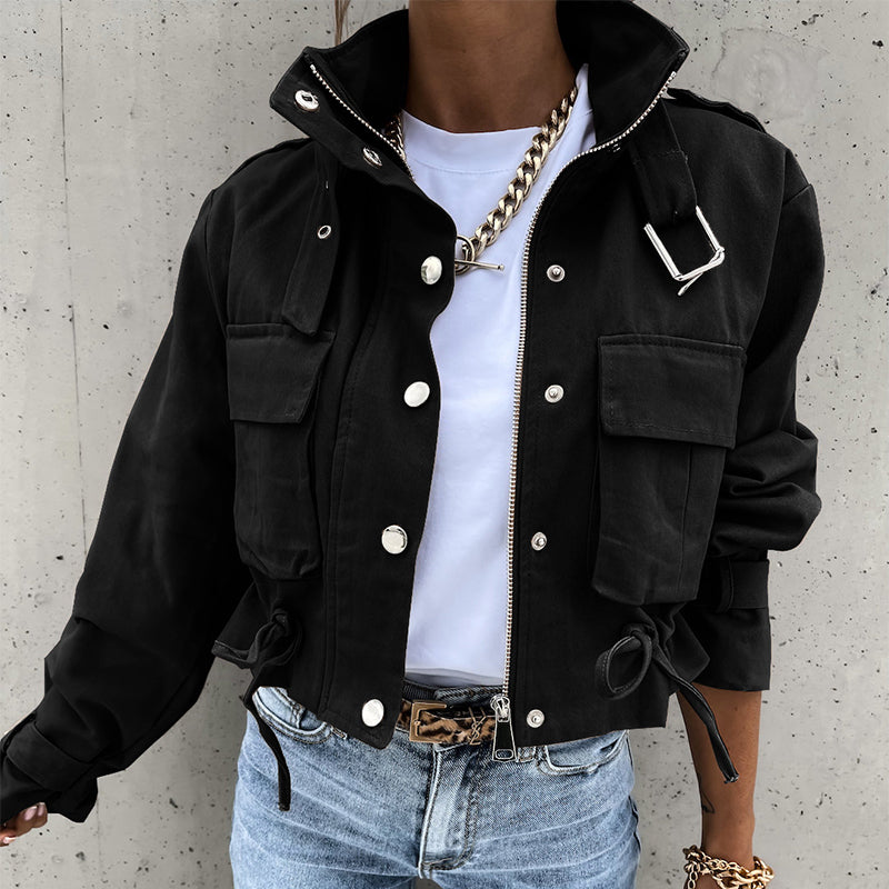 🌞Frühlingserwachen: 50% Rabatt!🎉Urban Utility Kurzjacke "Military Chic" – Mit Stehkragen & verstellbarem Kordelzug