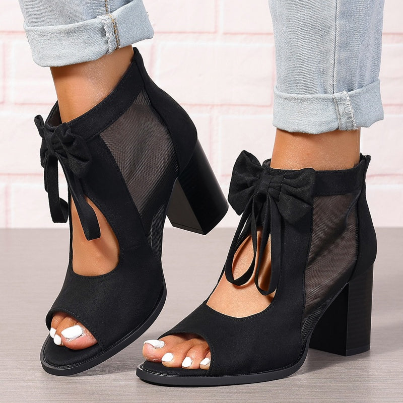 Offene Sandalen mit Schleife und klobigem Absatz für Damen