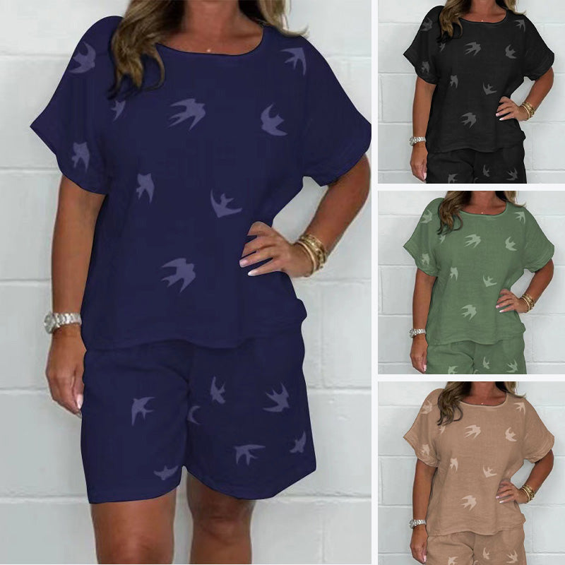 Lässiges bedrucktes kurzärmeliges Shorts-Set aus Baumwolle-Leinen