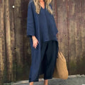 Damen Sommer Lockeres 2-teiliges Set mit V-Ausschnitt und Tasche