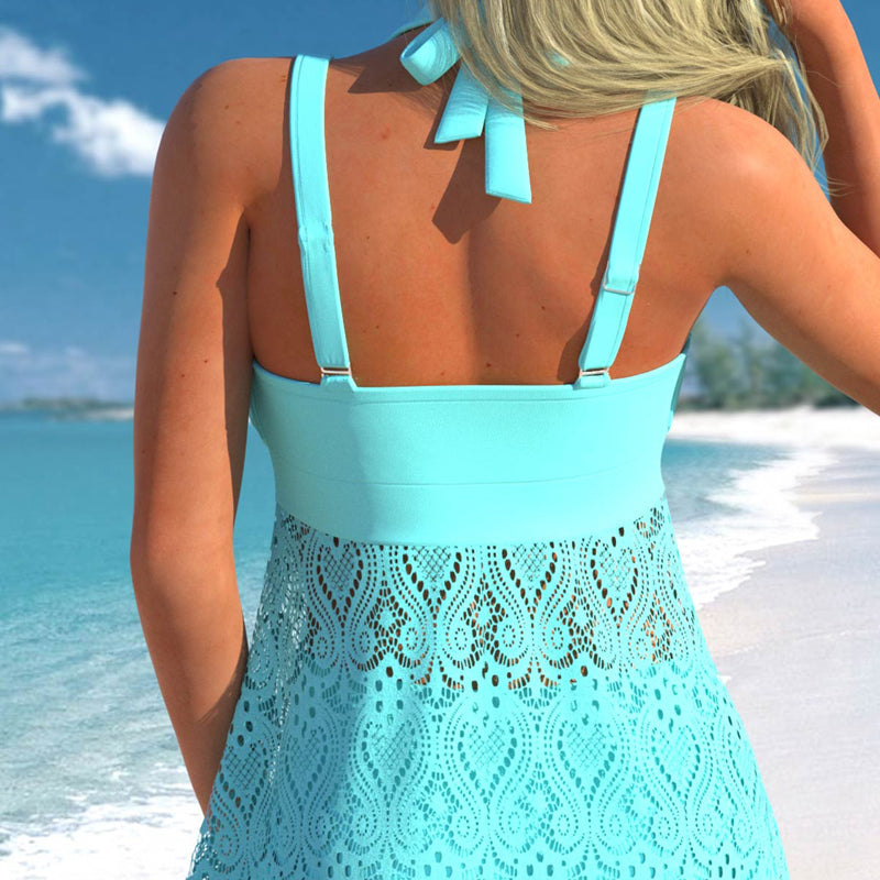 🏖️Damen-Badeanzug mit V-Ausschnitt und Spitzenbesatz und Boyshorts, zweiteilig