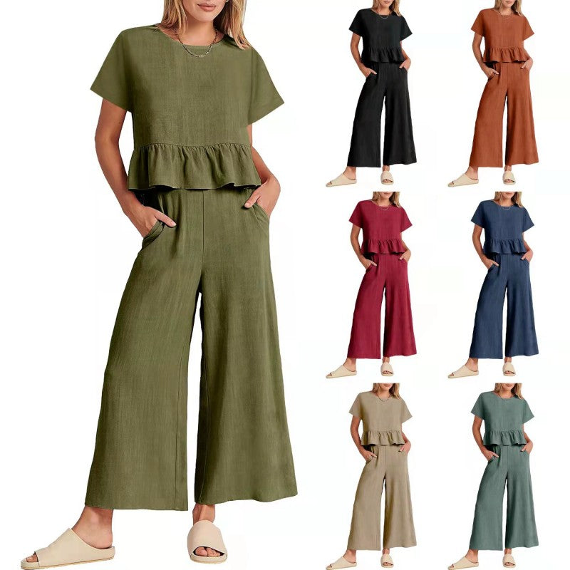 Lässiges Damen-Top mit kurzen Ärmeln und Hose mit weitem Bein, 2-teiliges Set