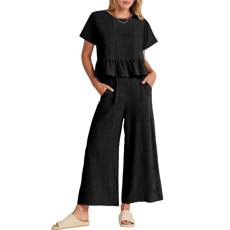 Lässiges Damen-Top mit kurzen Ärmeln und Hose mit weitem Bein, 2-teiliges Set
