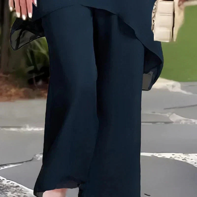🌞Frühlingserwachen: 50% Rabatt!👗 Damen-Chiffon-Zweiteiler – Asymmetrisches Doppellagiges Top & Weite Hose – Atmungsaktiv & Elegant für Frühling & Urlaub