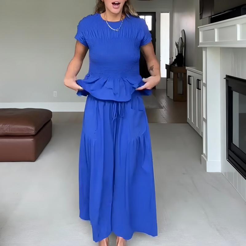 🌞Frühlingserwachen: 50% Rabatt!✨Damen Gesmoktes Zweiteiler Set – Weite Bein Hose & Strukturierte Bluse, Vielseitig für Büro & Alltag