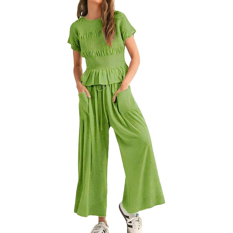 🌞Frühlingserwachen: 50% Rabatt!✨Damen Gesmoktes Zweiteiler Set – Weite Bein Hose & Strukturierte Bluse, Vielseitig für Büro & Alltag