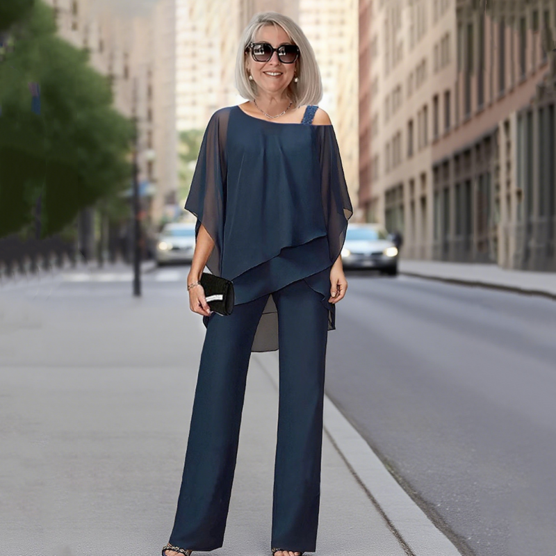 🌞Frühlingserwachen: 50% Rabatt!✨Damen Asymmetrisches Chiffon-Zweiteiler – Fledermausärmel & Weite Hose, Elegant & Atmungsaktiv für jeden Anlass