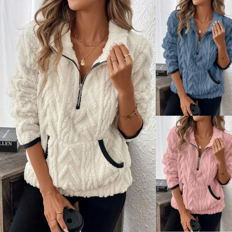 Flauschiges Sweatshirt mit halbem Reißverschluss 🍂 | Wolkenweich + geräumige Taschen – Bequem für den Alltag/die Lounge