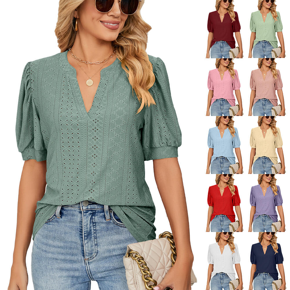🌞Frühlingserwachen: 50% Rabatt!🎉Sommer-Chic: V-Ausschnitt Top mit Lochstickerei & femininen Puffärmeln