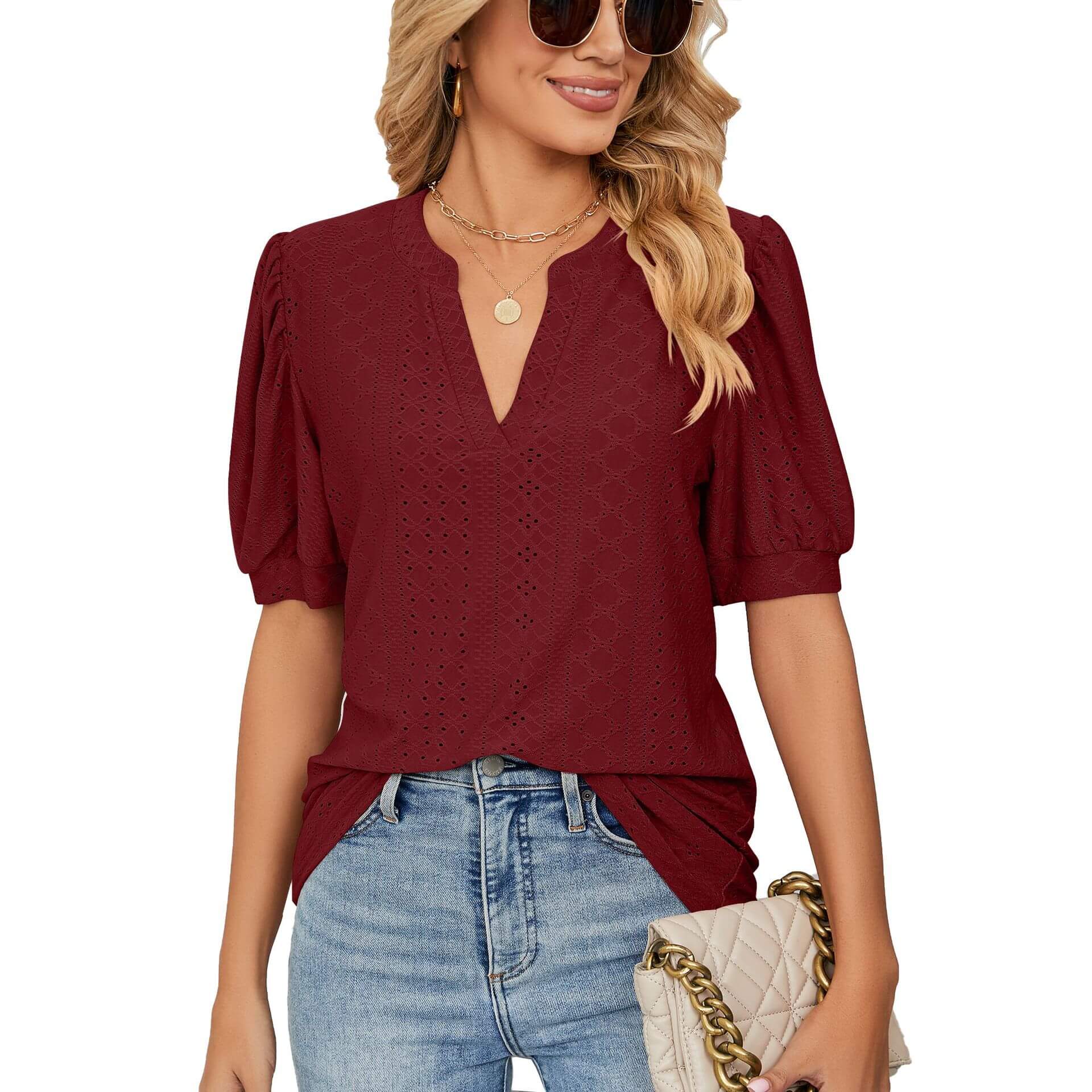 🌞Frühlingserwachen: 50% Rabatt!🎉Sommer-Chic: V-Ausschnitt Top mit Lochstickerei & femininen Puffärmeln