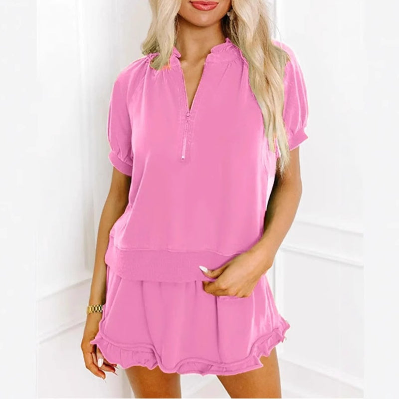🌞Frühlingserwachen: 50% Rabatt!✨Stylisches 2-teiliges Damen-Set – Reißverschluss-Tee & Rüschensaum-Shorts für jeden Tag!