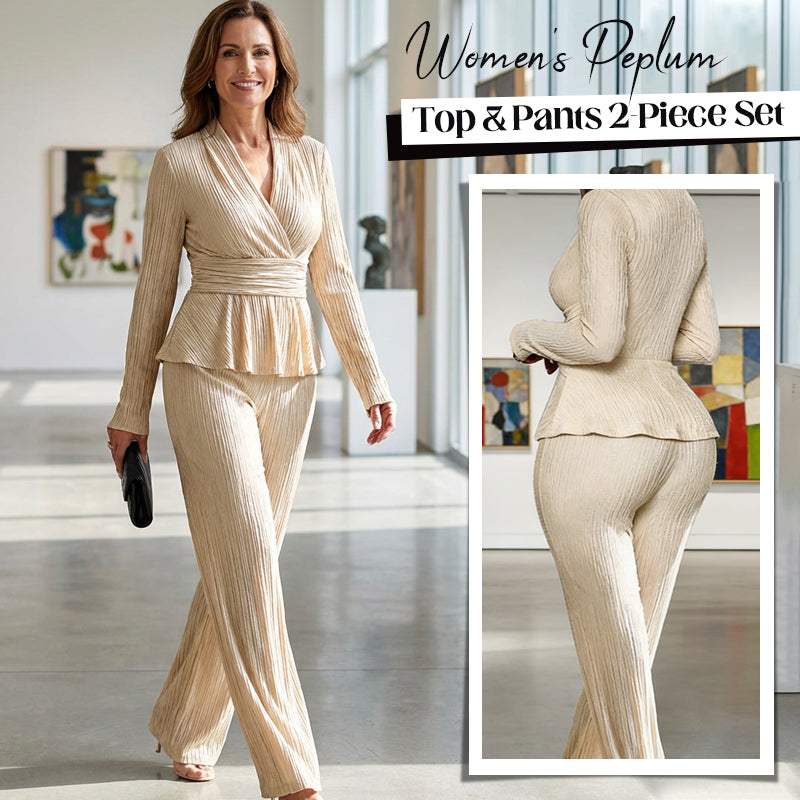🌞Frühlingserwachen: 50% Rabatt!✨Damen 2-teiliges Peplum-Set – Crossover-V-Ausschnitt & Wickelgürtel, Strukturierter Stoff für Sanduhr-Silhouette