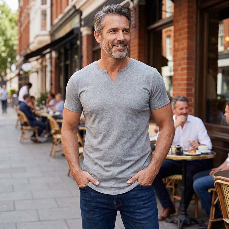 🌞Frühlingserwachen: 50% Rabatt!✨ Herren Lässiges Einfarbiges Athletic T-Shirt – Gekerbter V-Ausschnitt, Slim Fit & Stretch-Stoff für Kraftvolle Silhouette