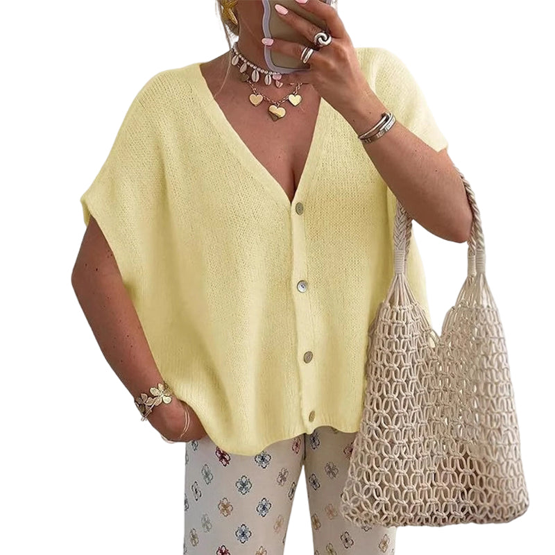 🌞Frühlingserwachen: 50% Rabatt!🦋Damen Leichte Kurzarm Strickjacke – Fledermausärmel & V-Ausschnitt, Vielseitig für Frühling & Herbst