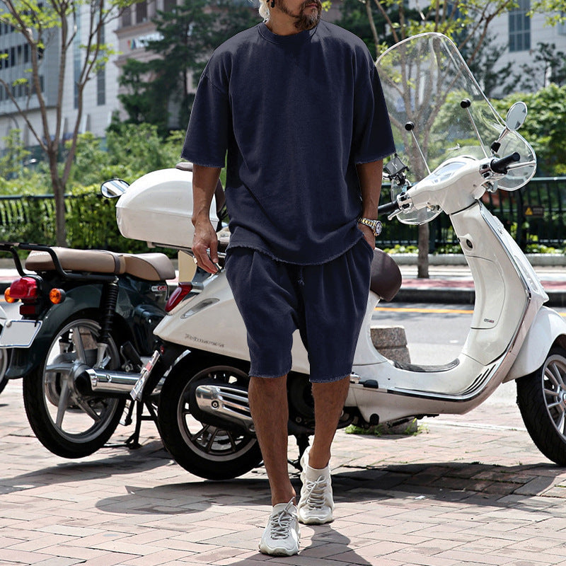 🌞Frühlingserwachen: 50% Rabatt!💎2-Teiler Herren Urban Set: Oversized Kurzarm-Sweatshirt & Shorts mit Raw-Edges