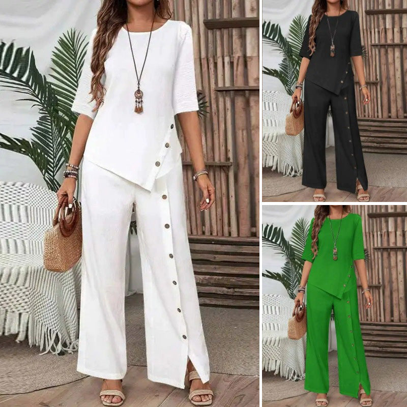 🌞Frühlingserwachen: 50% Rabatt!✨Boho Zweiteiler für Damen: Fließendes Hosen-Set mit asymmetrischem Saum & weitem Bein