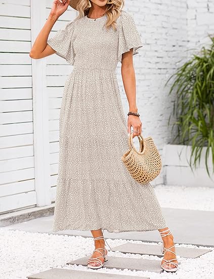 🌷Frühsommer-Sale: 70% Rabatt🌸 Lässiges, geblümtes Maxikleid für den Sommer 2026 mit kurzen, flatternden Ärmeln, Rundhalsausschnitt, geraffter Taille und fließendem Schnitt