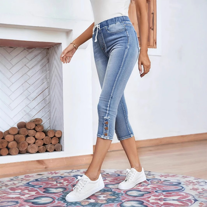 Women's Stretch Capri Jeans with Drawstring Waist